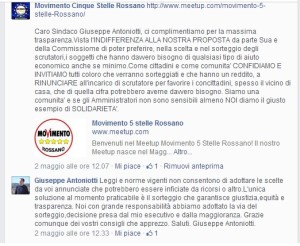 Il botta e risposta su facebook tra il sindaco Antoniotti e il Movimento Cinque Stelle di Rossano